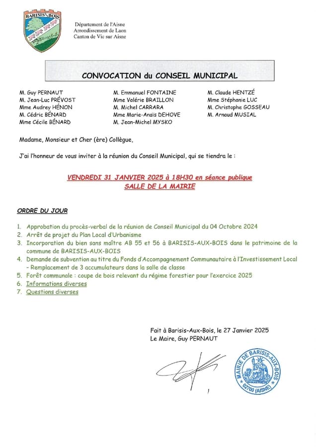 Convocation et ordre du jour du conseil municipal du 31 janvier 2025 - Commune de Barisis-aux-Bois