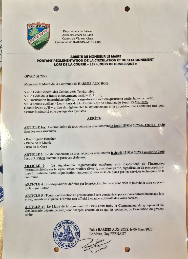 Arrêté municipal réglementant la circulation et le stationnement - Barisis aux Bois