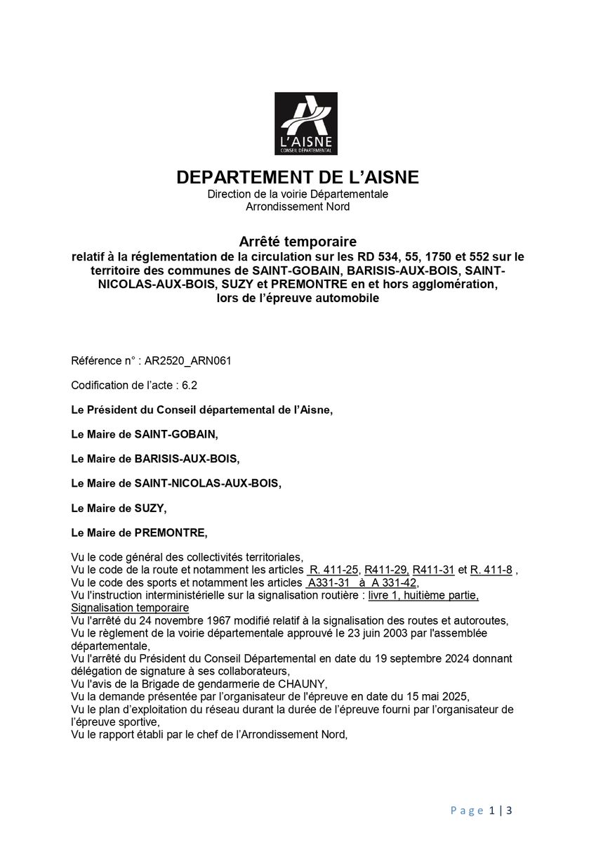 3e Rallye des Vallées Axonaises - Informations circulation ARRETE - Commune de Barisis aux Bois