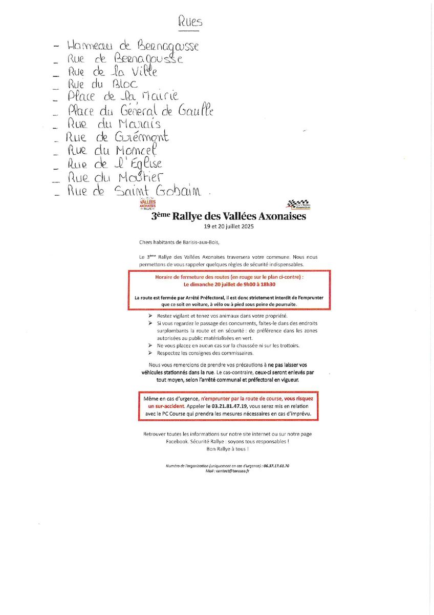 3e Rallye des Vallées Axonaises - Informations circulation informations - Commune de Barisis aux Bois