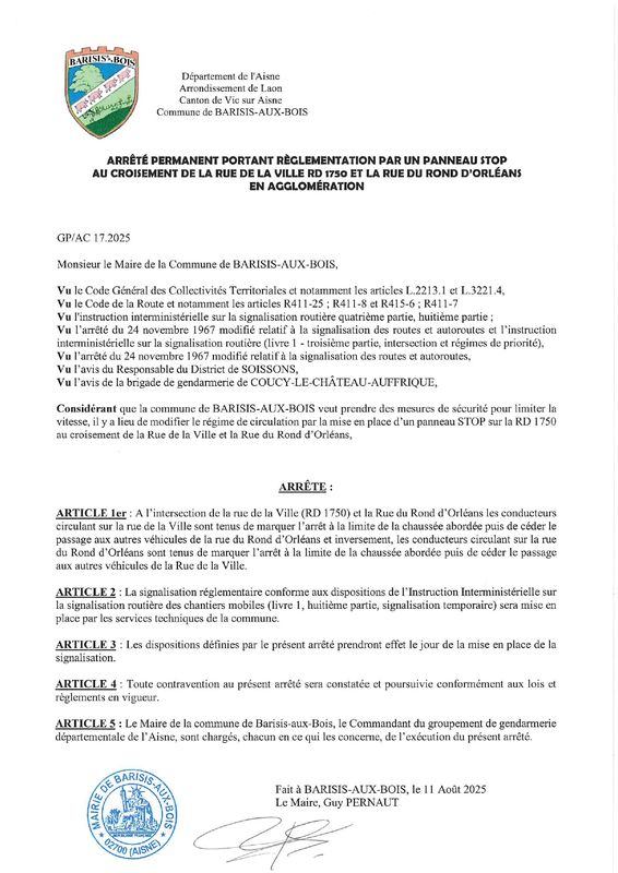 arrêtés municipaux - Nouvelles mesures de circulation et de sécurité routière -img- Commune de Barisis aux Bois