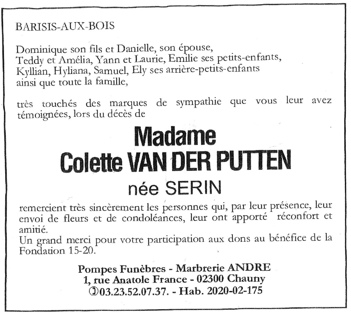 Remerciements - Famille de Madame Colette VAN DER PUTTEN née SERIN - Commune de Barisis aux Bois