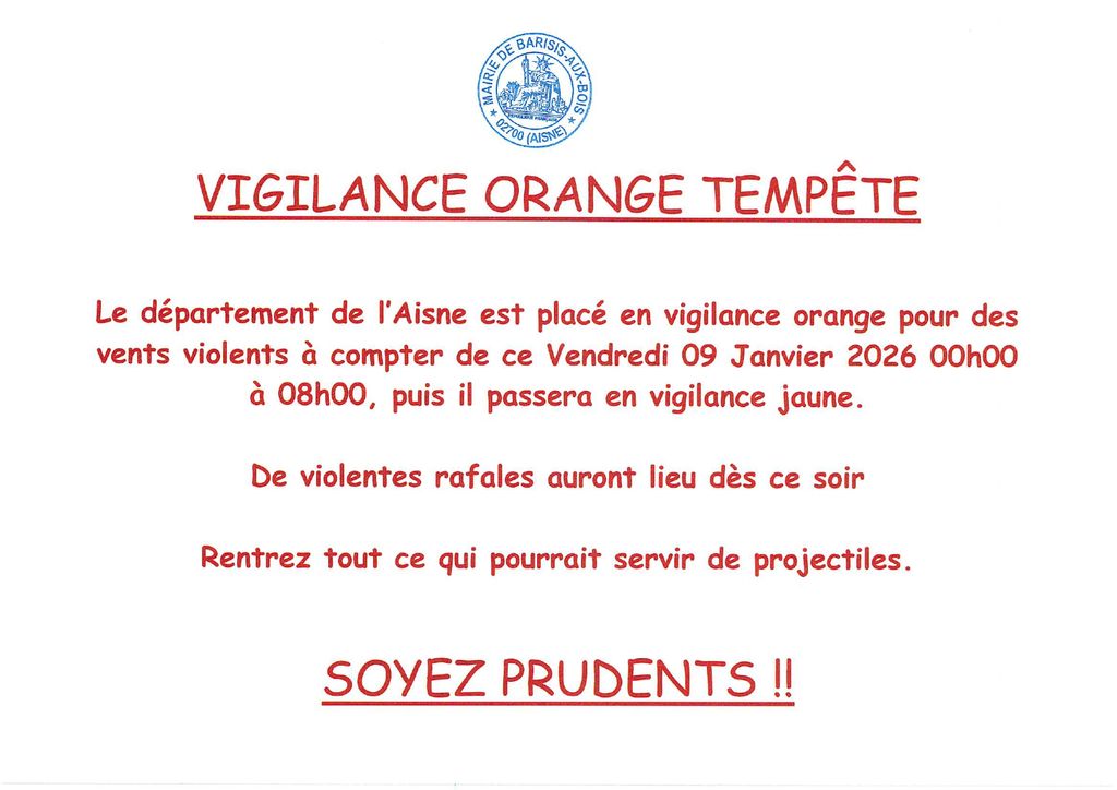 Alerte météo - vigilance orange vents violents -affiche- Commune de Barisis aux Bois