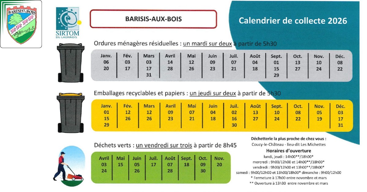 Le calendrier de collecte 2026 est disponible - Commune de Barisis aux Bois