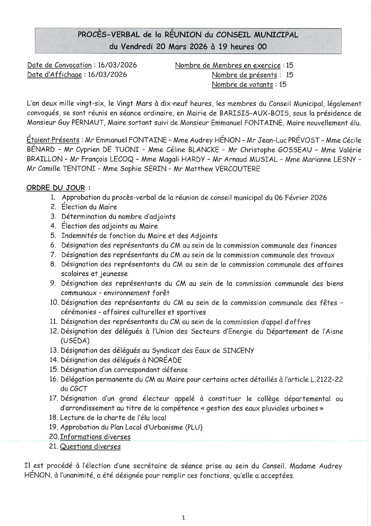 Procès-verbal de la réunion du Conseil Municipal du 20 mars 2026 CM 20.03.2026 - Commune de Barisis aux Bois
