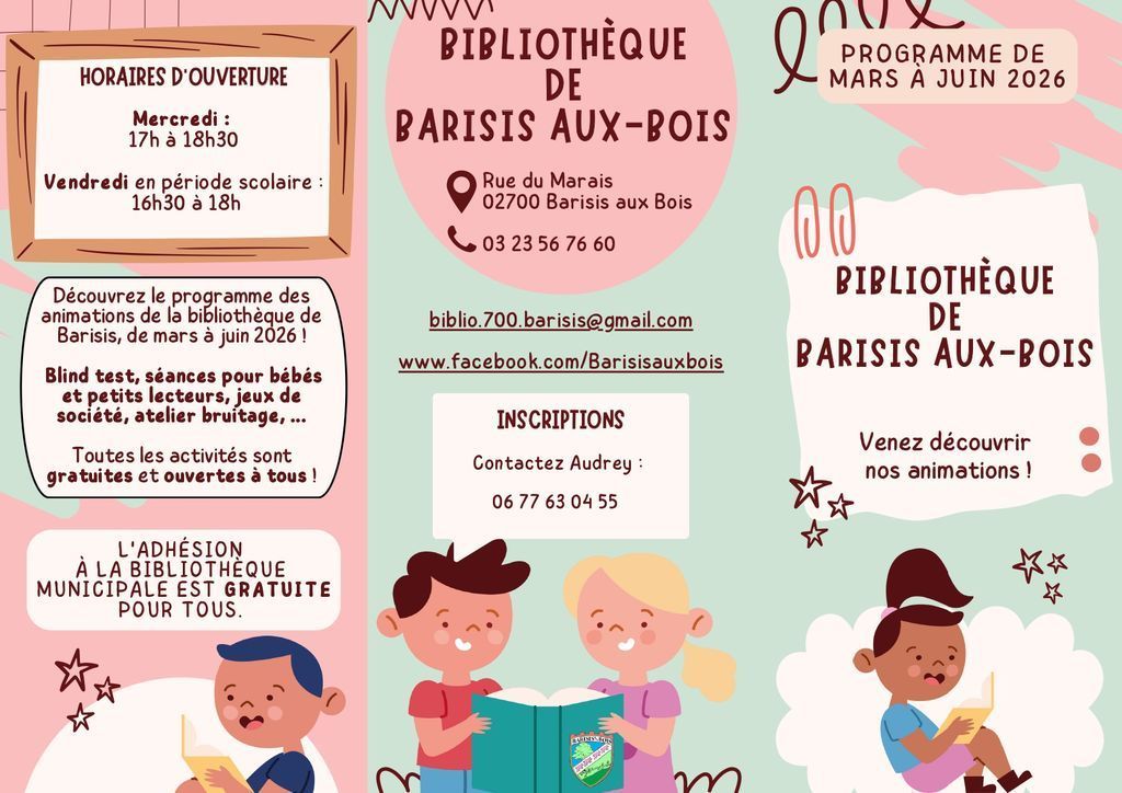 Programme des animations de la bibliothèque - mars à juin 2026 -Dépliant 1- Commune de Barisis aux Bois