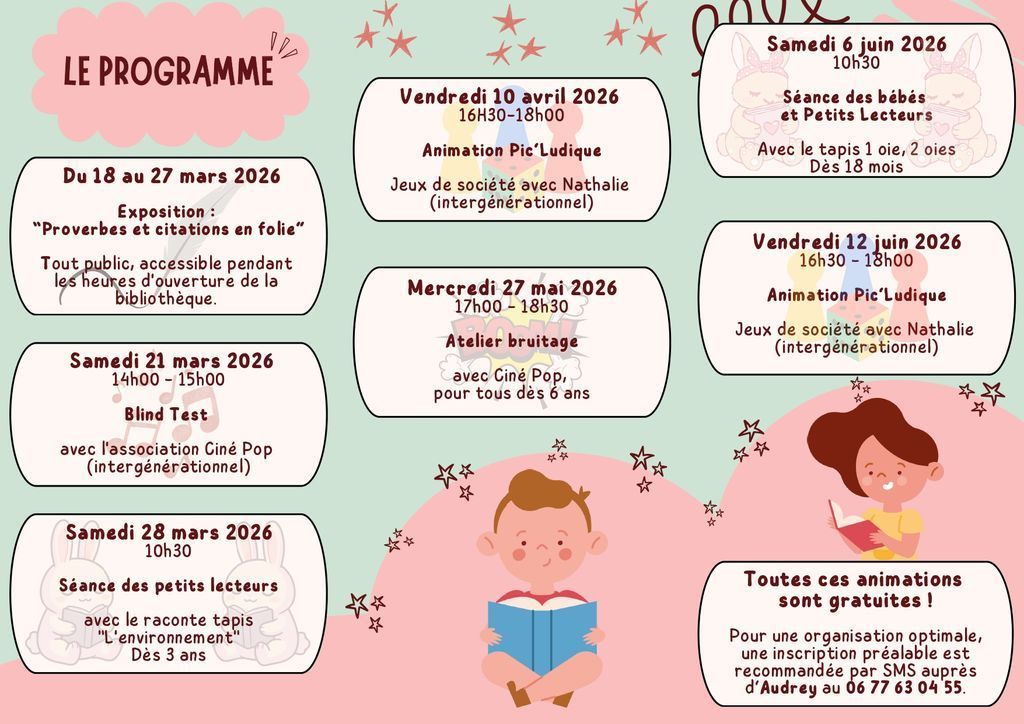 Programme des animations de la bibliothèque - mars à juin 2026 -Dépliant 2- Commune de Barisis aux Bois