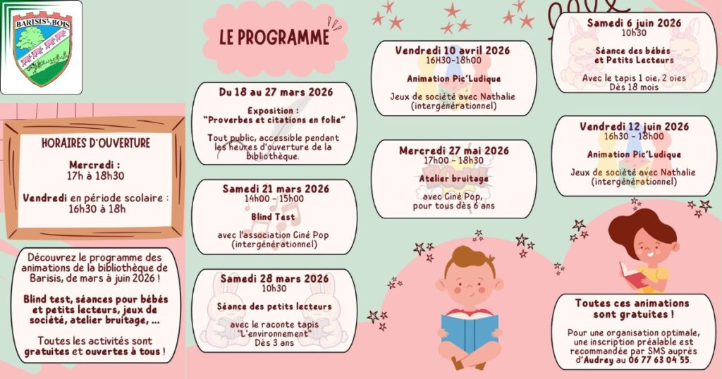 Programme des animations de la bibliothèque - mars à juin 2026 -FB- Commune de Barisis aux Bois