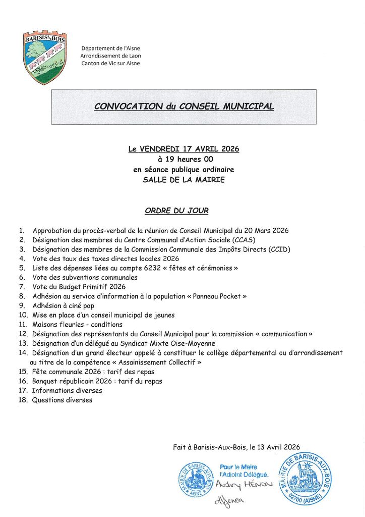 Conseil Municipal du 17 avril 2026 convocation et ordre du jour - Commune de Barisis-aux-Bois