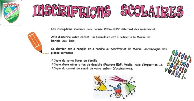 Inscriptions scolaires 2026-2027 - Commune de Barisis aux Bois