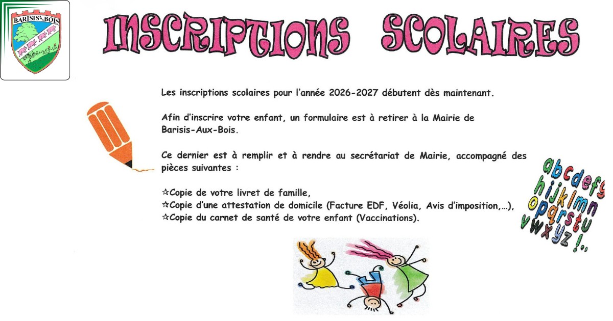 Inscriptions scolaires 2026-2027 - Commune de Barisis aux Bois