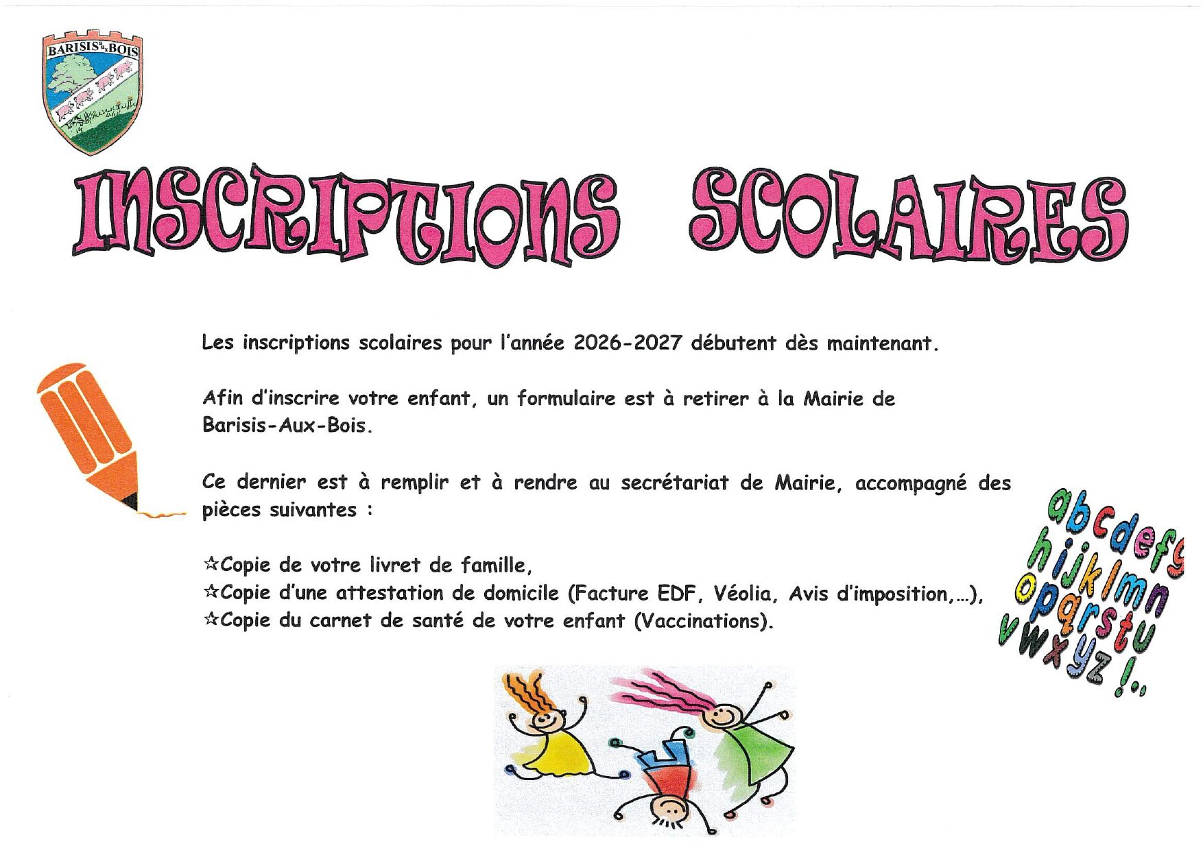 Inscriptions scolaires 2026-2027 -affiche- Commune de Barisis aux Bois
