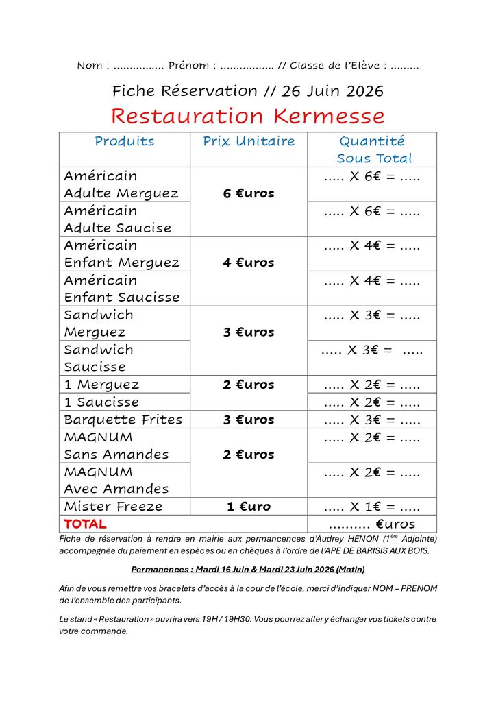 Grille Reservation Exterieur Kermesse des écoles restauration sur réservation - Commune de Barisis aux Bois