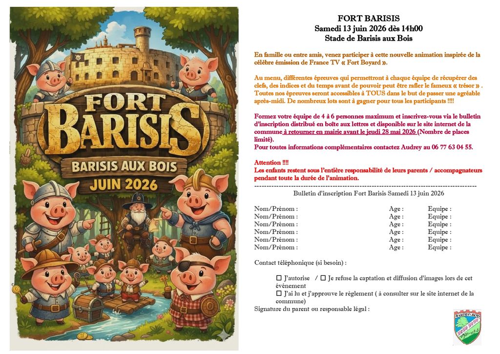 Inscriptions Fort Barisis animation familiale le 13 juin 2026 - Commune de Barisis aux Bois