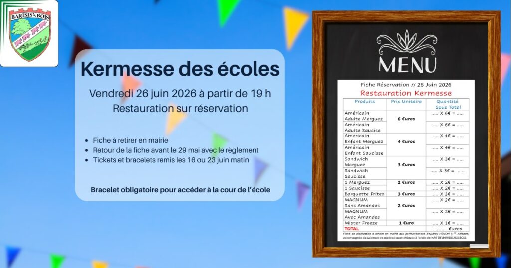 Kermesse des écoles à Barisis-aux-Bois restauration sur réservation - Commune de Barisis aux Bois
