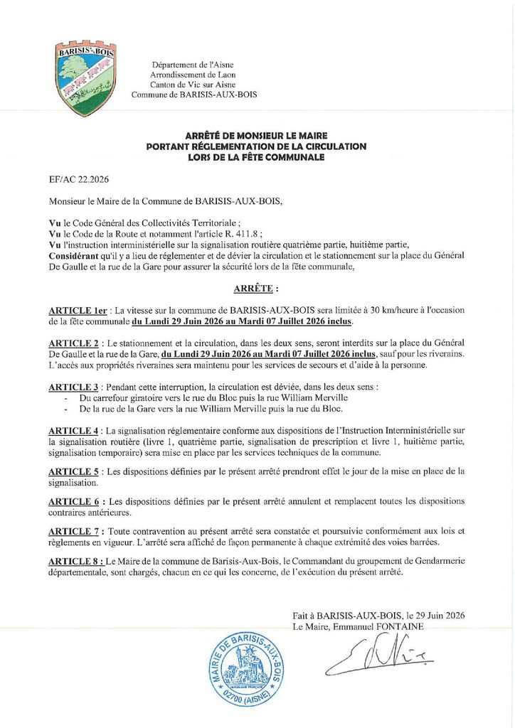 Arrêtés municipaux Fête communale de Barisis-aux-Bois du 4 au 6 juillet 2026 - Commune de Barisis aux Bois_page-0001