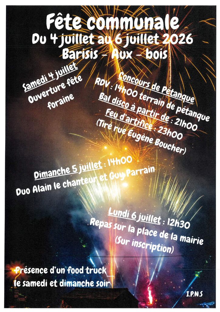 Fête communale de Barisis-aux-Bois du 4 au 6 juillet 2026 -Affiche - Commune de Barisis aux Bois