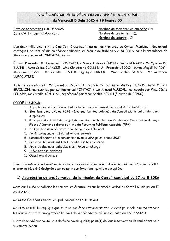 Procès-verbal du Conseil municipal du 5 juin 2026 - Commune de Barisis aux Bois
