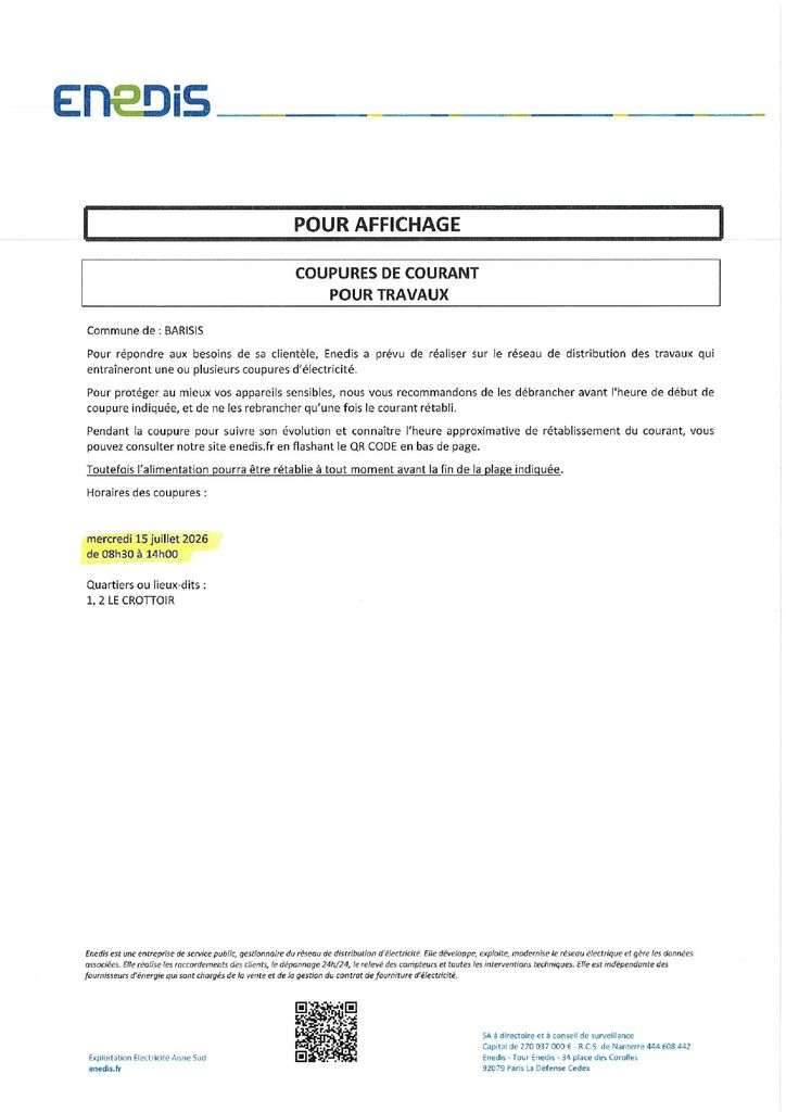 Coupures de courant pour travaux à Barisis-aux-Bois le mercredi 15 juillet 2026