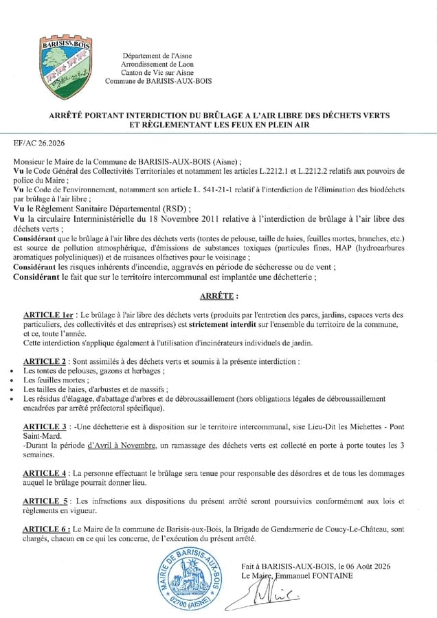 arrêté d'Interdiction du brûlage à l’air libre des déchets verts - Commune de Barisis aux Bois