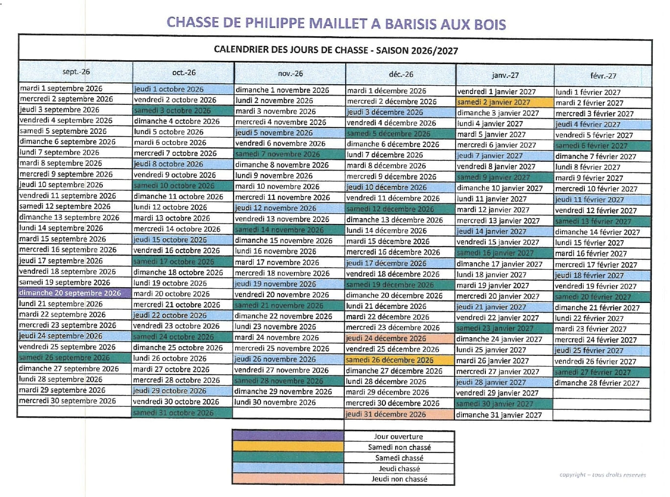 Calendrier de chasse 2026-2027 à Barisis-aux-Bois -calendrier - Commune de Barisis aux Bois