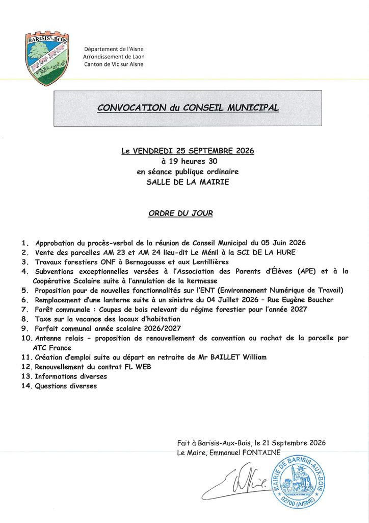 Conseil Municipal du 25 sept 2026 convocation et ordre du jour - Commune de Barisis-aux-Bois