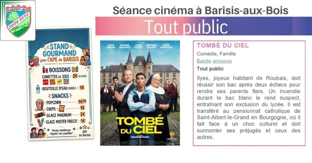 Séance cinéma à Barisis-aux-Bois Tombé du ciel le 9 octobre 2026 -une- Commune de Barisis aux Bois