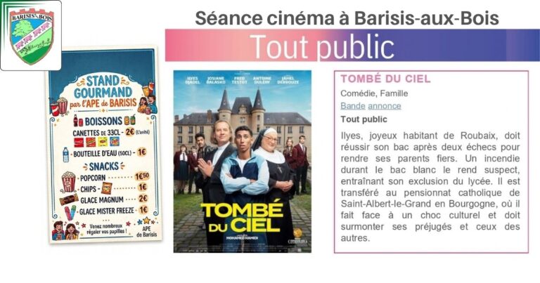 Séance cinéma à Barisis-aux-Bois Tombé du ciel le 9 octobre 2026 -une- Commune de Barisis aux Bois