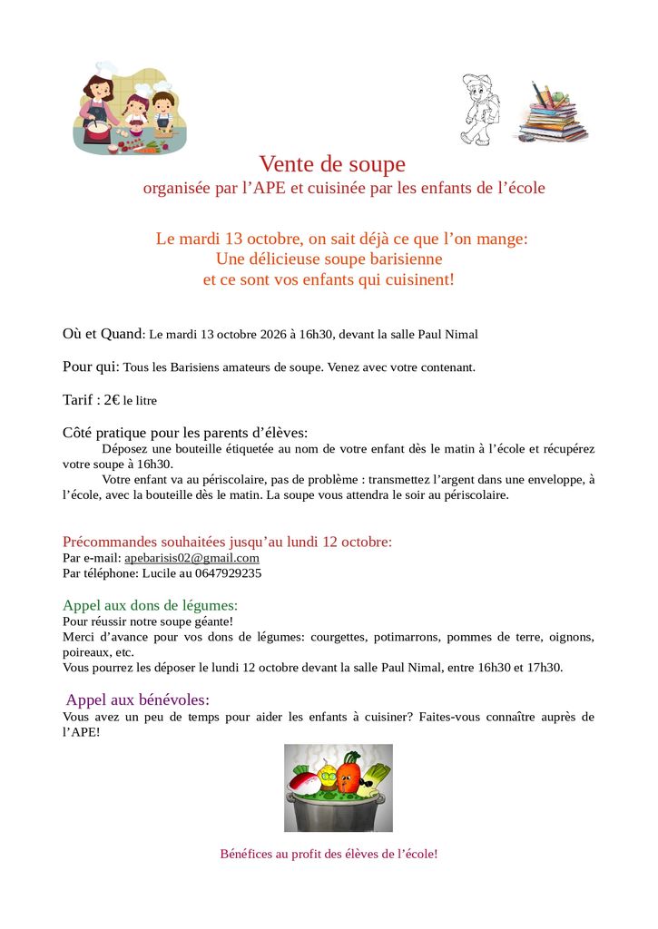 vente soupe APE Barisis-aux-Bois 2026 - Commune de Barisis aux Bois