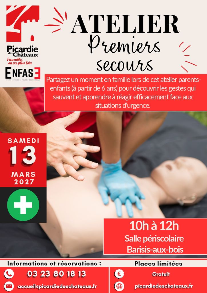 Atelier premiers secours à Barisis-aux-Bois - 13 mars 2027 -affiche- Commune de Barisis aux Bois