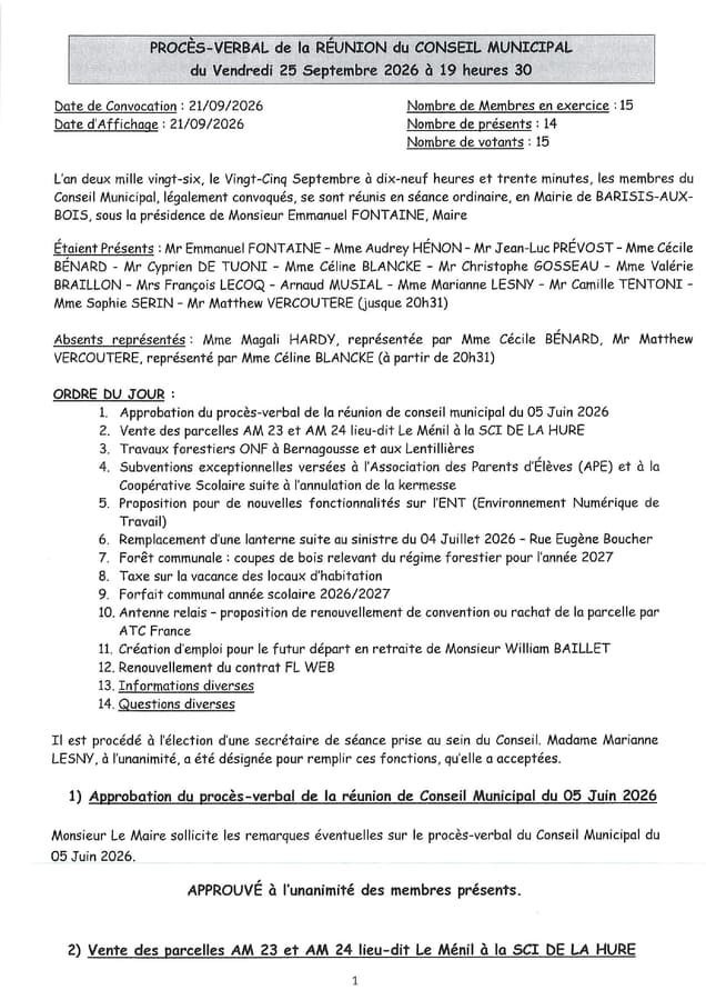 COMPTE RENDU RÉUNION CM 25.09.2026 - Commune de Barisis aux Bois